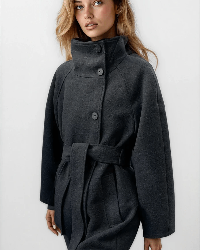 SOERA Ariana High Collar Long Belted Coat - KX1762345864131933458 Gray XS