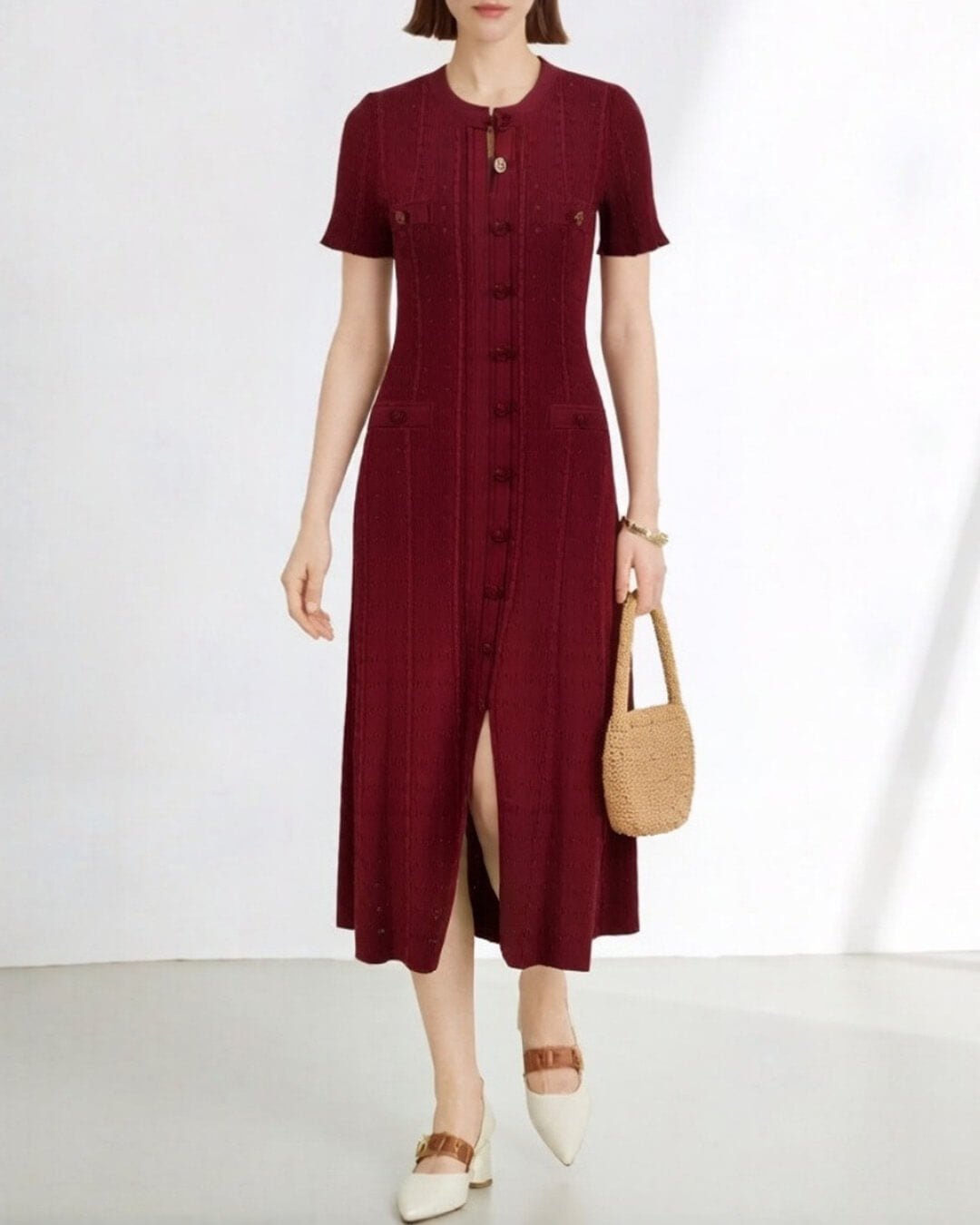 SOERA Erlinda Button-Front Knit Midi Dress - Dress - Burgundy XS