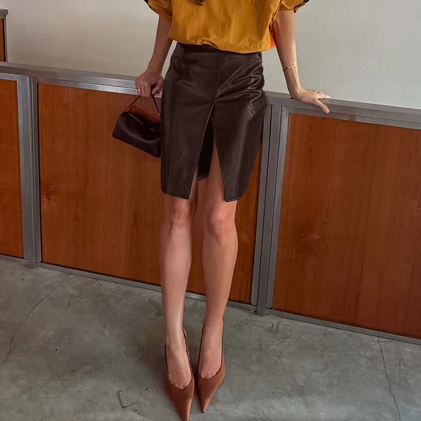 Ava Split Knee Vegan Leather Skirt