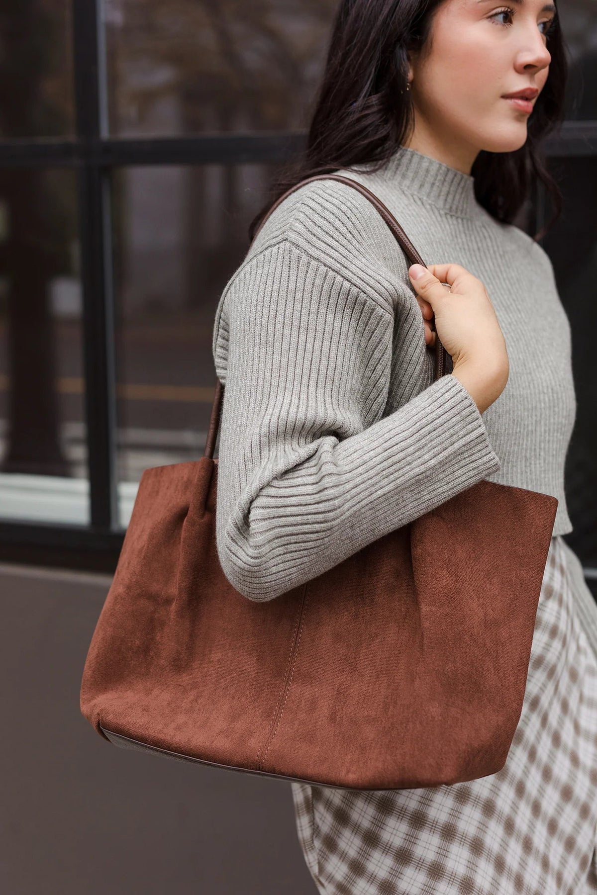 Cheska Faux Suede Tote Bag with Pouch