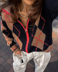 Melissa Argyle High Ribbed Neck Zip-Up Knit Cardigan