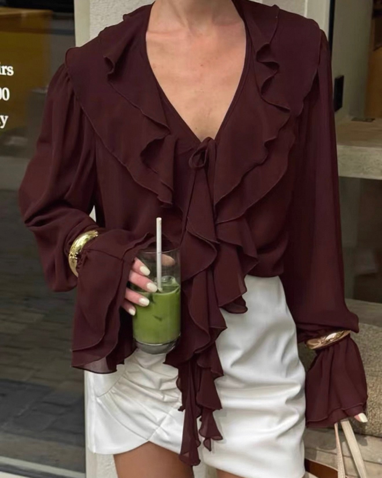 SOERA Linda Tie Neck Ruffled Blouse - Blouse - SOERA-414531-BUR-S-88995 Burgundy S