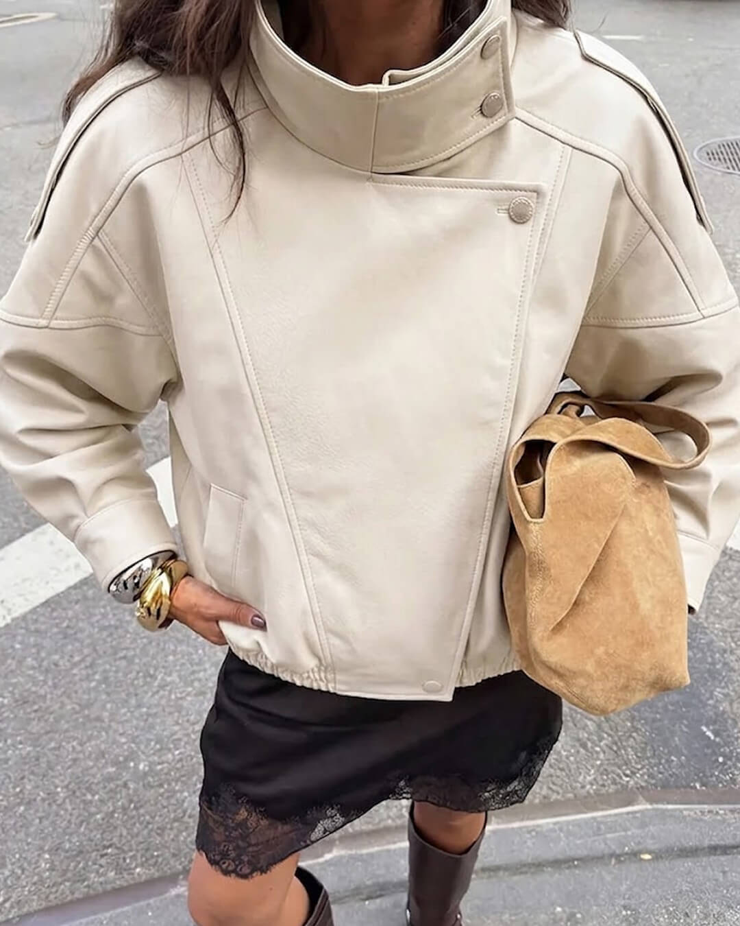 Brienne Stand Collar Faux Leather Jacket in Beige