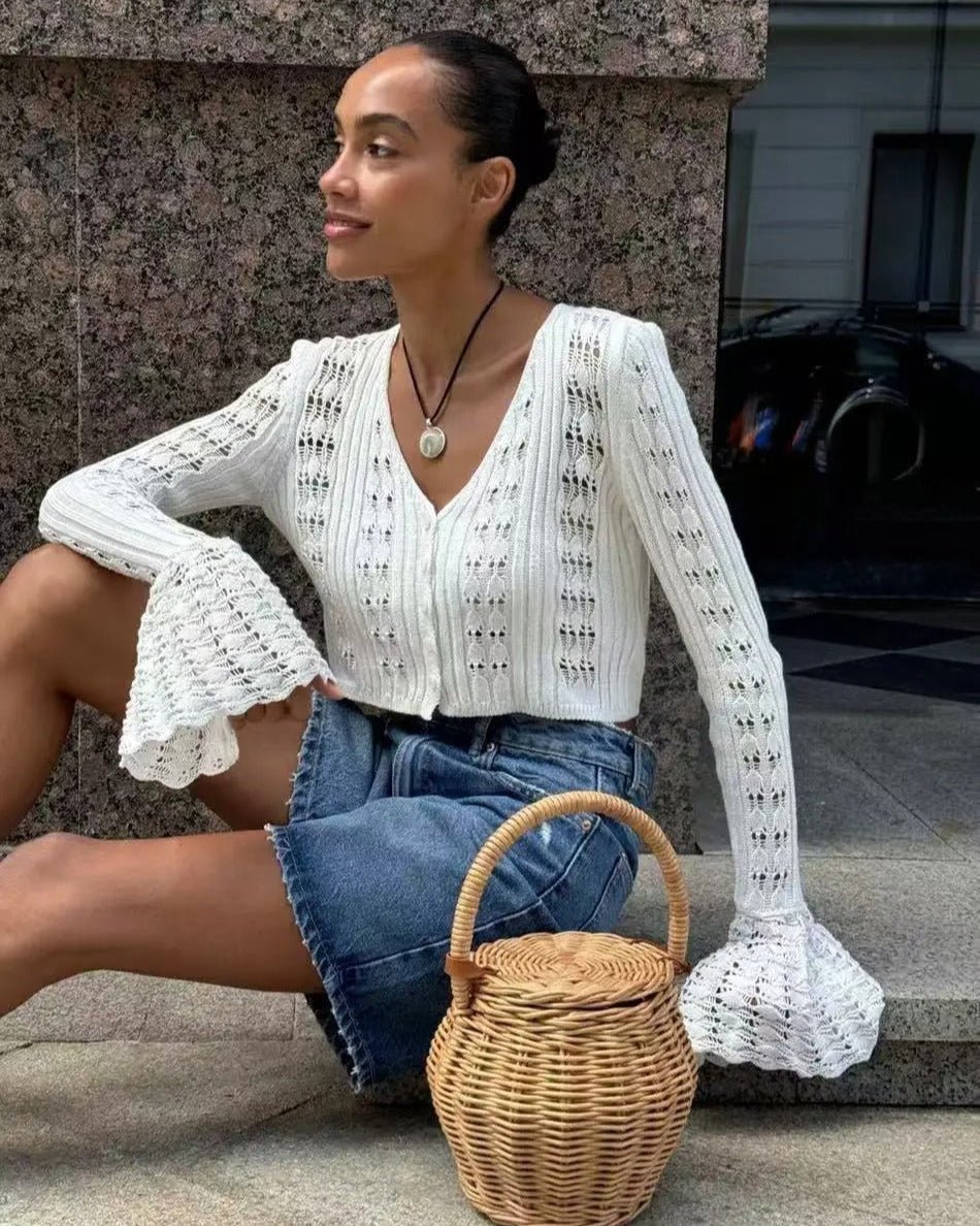 SOERA Ivana Hollow Out Knitted Cardigan - Cardigans - XK1771188465070769018 White M