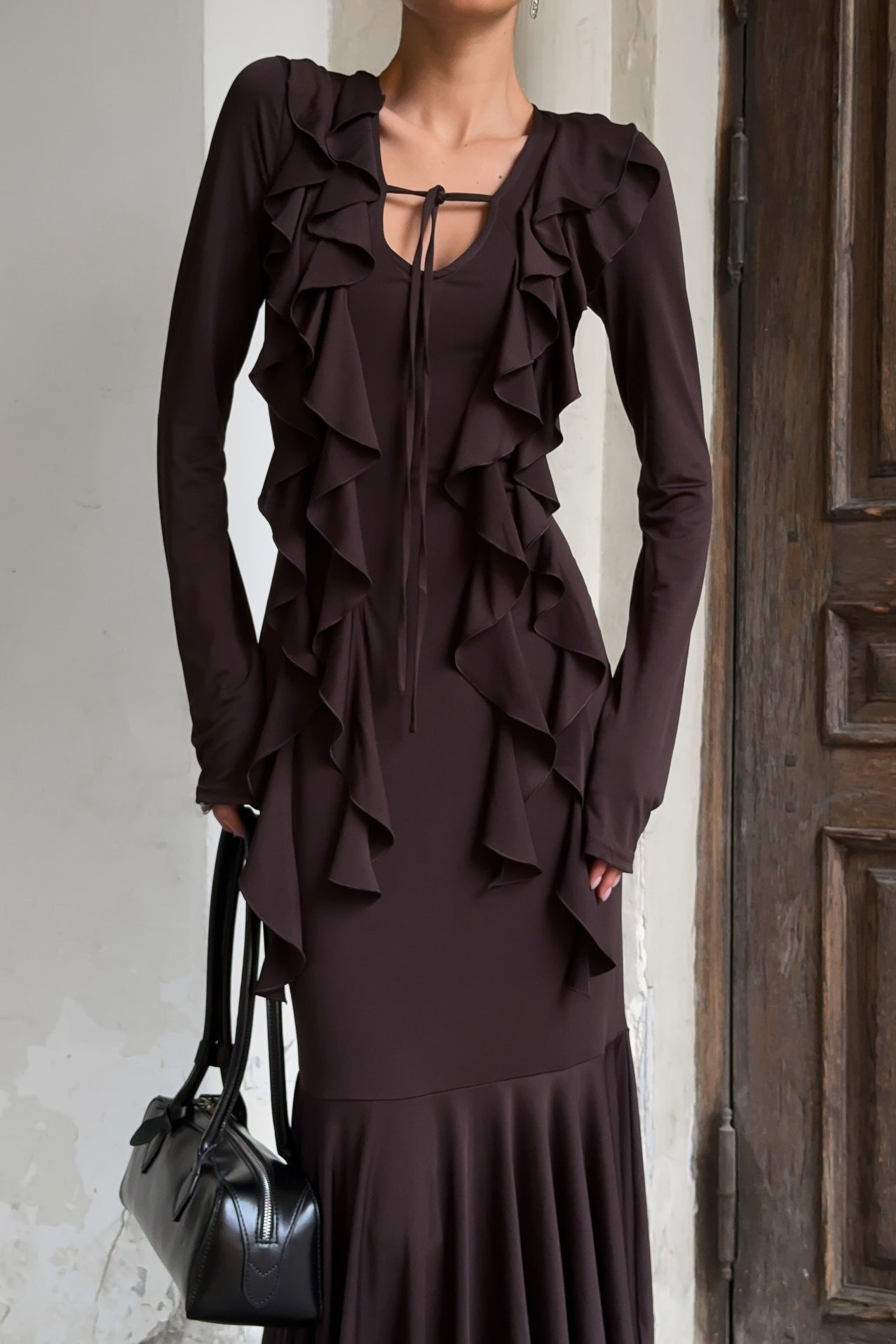 SOERA Arielle Ruffled Long - Sleeve Maxi Dress - Dress -  Brown L