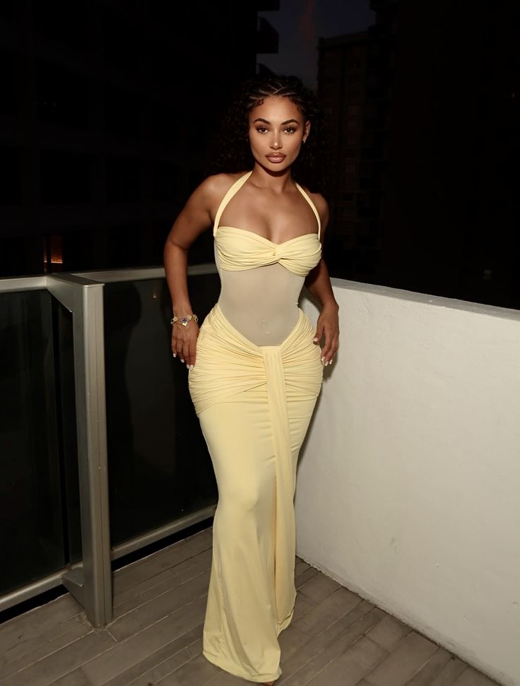 SOERA Bianca Mesh Waist Tie Cami Bodycon Maxi Dress - Dress -  Yellow S