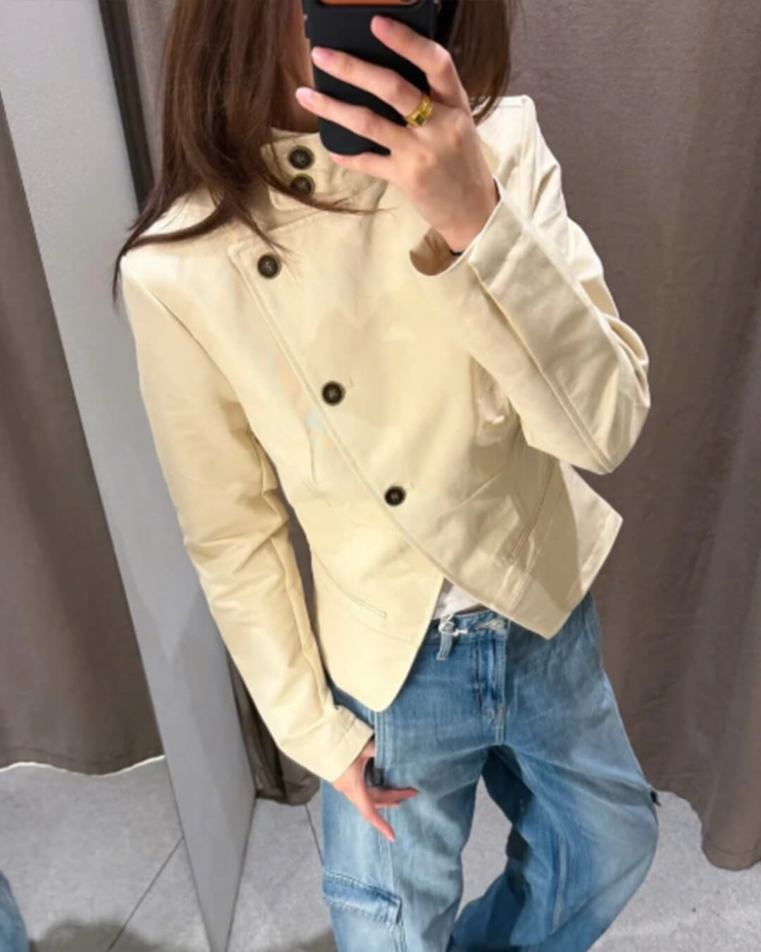 SOERA Helena Funnel Neck Double-Breasted Blazer - Jacket - SOERA-680003-1-S-20227 Beige S