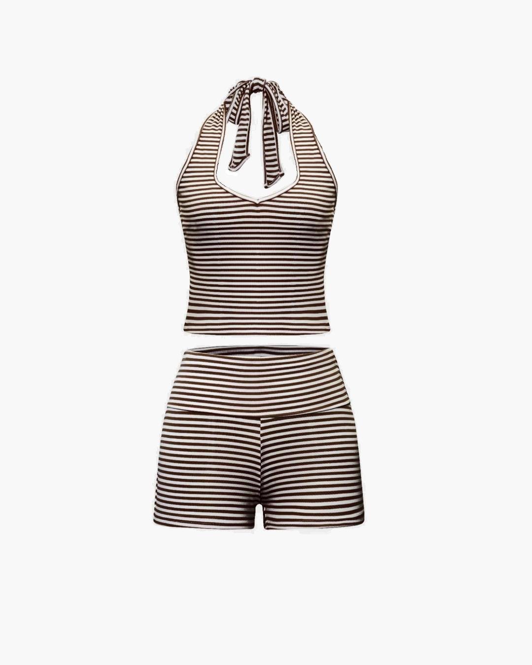 SOERA Lucy Striped Halter Tank and Shorts Set - Shorts Set - SOERA-202691-BRO-S-26723 Brown S